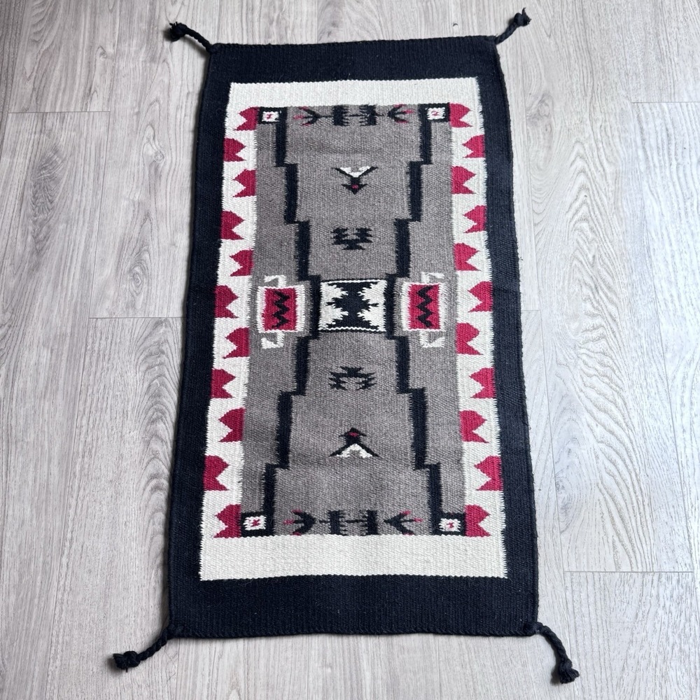 Southwestern Wool Tapestry Rug 20x40 Navajo Native Design Corner Knots Black Red